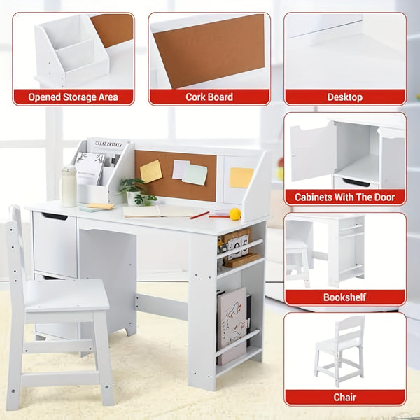 GAOMON Study Desk And Chair Set, Wooden School Learning Table With Storage, Hutch And Bulletin Board, Children Computer Desk With Chair, Small Toddler Desk For Home, School, White