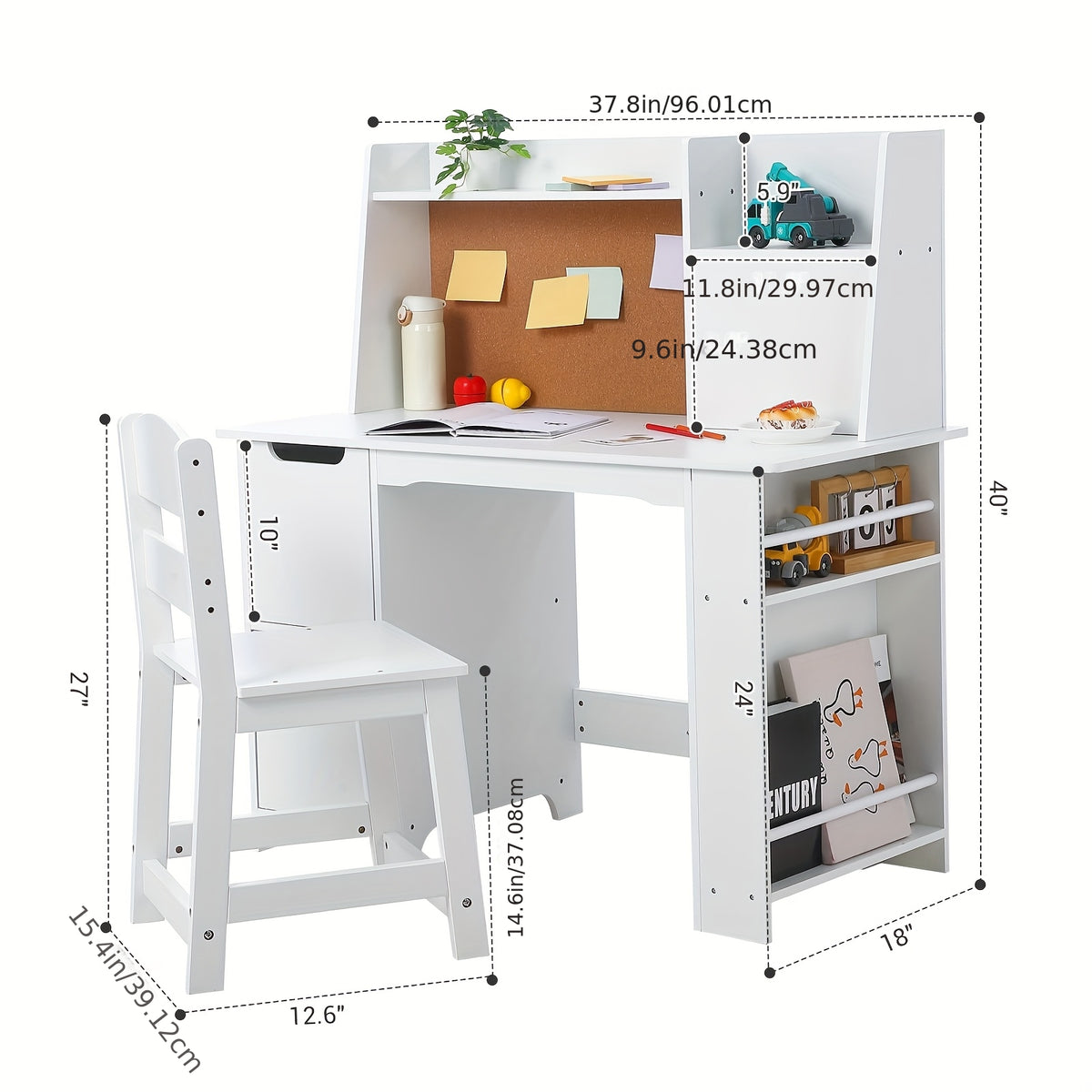 Kids Study Desk and Chair Set with Storage - White Learning Table with Bookshelf, Cabinets & Adjustable Chair, Non-Toxic Durable Kids Furniture for Boys & Girls, Easy Assembly, Compact Desk for, Classroom, Playroom
