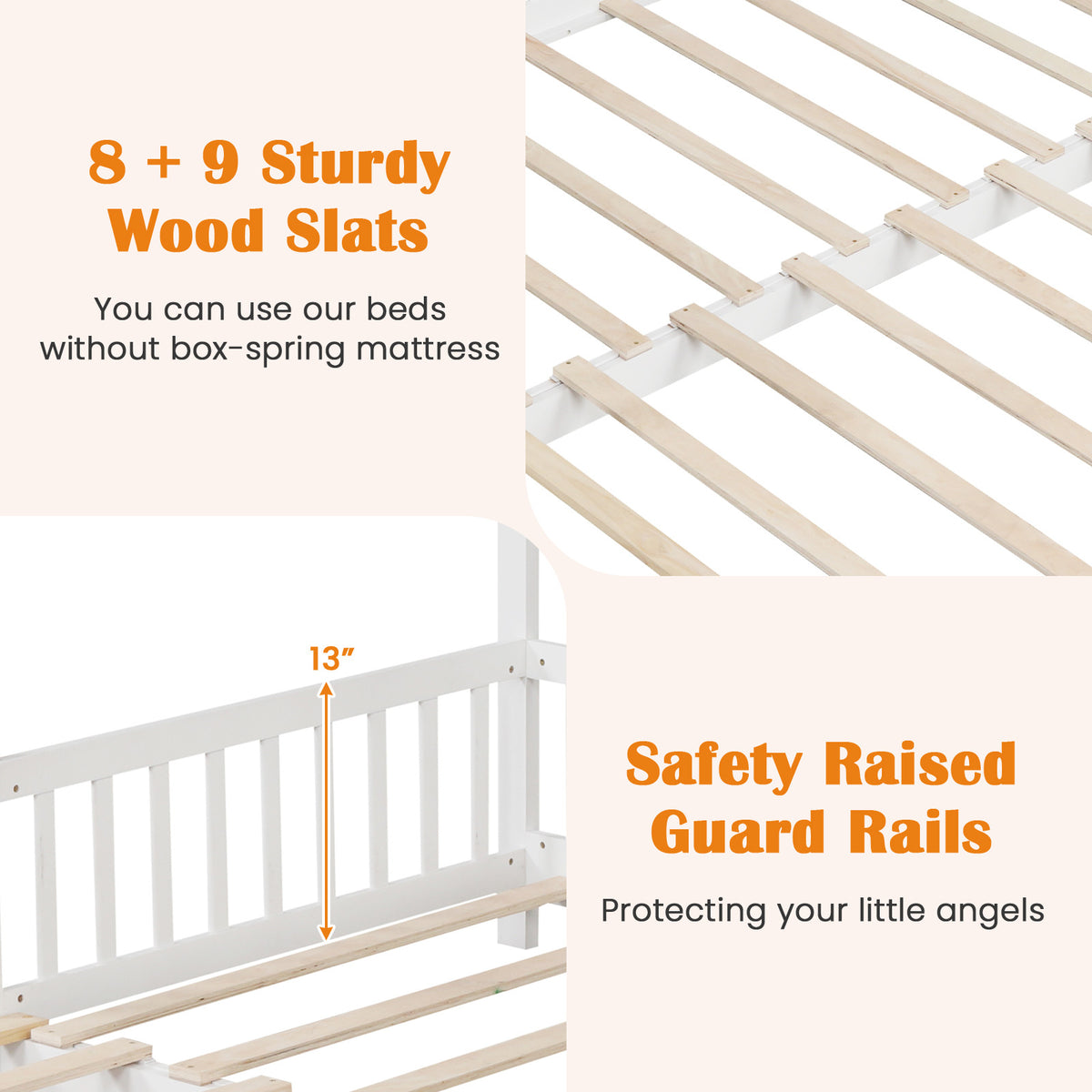 Versatile Extendable Youngsters' House Bed - Twin to King Size, with Roof & Safety Rails, Sturdy Wooden Frame for Teens, Boys & Girls - Easy-Access Low Profile Design, No Box Spring Needed - Available in Gray, Natural, White