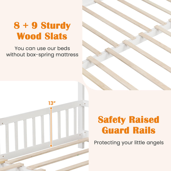 Versatile Extendable Youngsters' House Bed - Twin to King Size, with Roof & Safety Rails, Sturdy Wooden Frame for Teens, Boys & Girls - Easy-Access Low Profile Design, No Box Spring Needed - Available in Gray, Natural, White