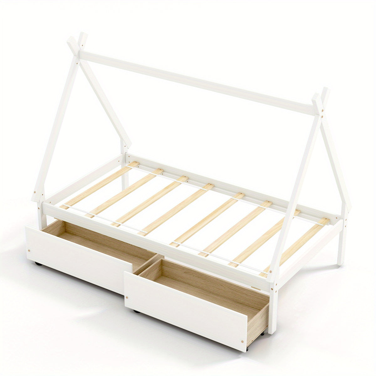 COSTWAY Kids House Bed with 2 Storage Drawers, Classic Style Wooden Tent Bed Frame, Sturdy Hardwood & Metal Construction, No Box Spring Required, with Roof for Boys & Girls, Age 12 & Under