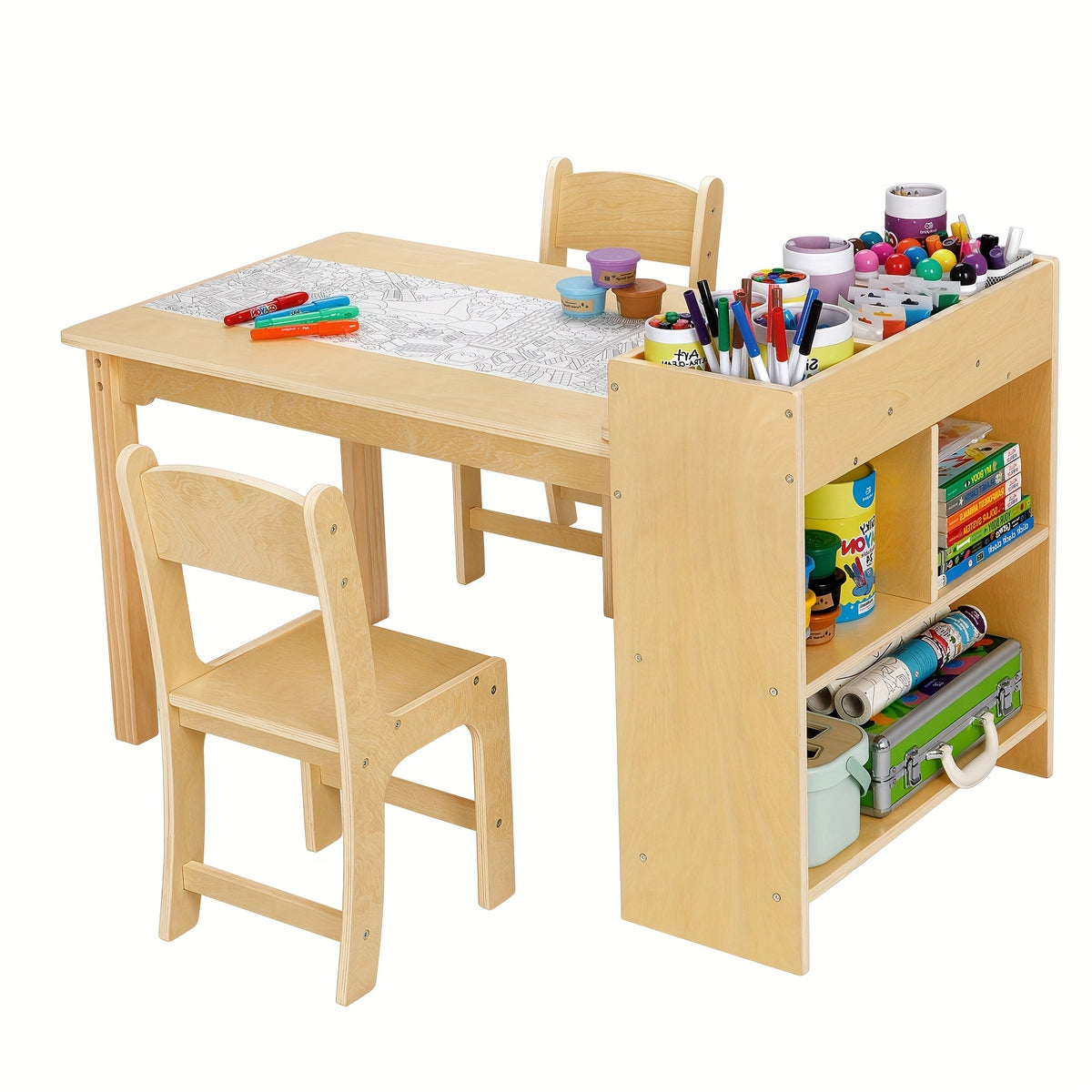 Wood Toddler Activity Table Wood Toddler Activity Table with 2 Chairs, Large Storage Shelves for Writing Drawing Suitable for Playrooms & Classroom