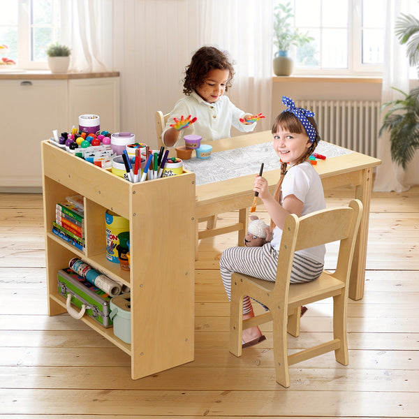 Wood Toddler Activity Table Wood Toddler Activity Table with 2 Chairs, Large Storage Shelves for Writing Drawing Suitable for Playrooms & Classroom