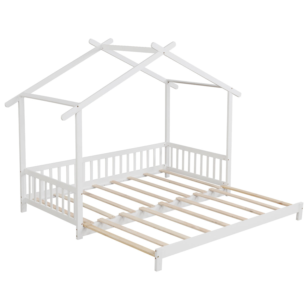 Versatile Extendable Youngsters' House Bed - Twin to King Size, with Roof & Safety Rails, Sturdy Wooden Frame for Teens, Boys & Girls - Easy-Access Low Profile Design, No Box Spring Needed - Available in Gray, Natural, White