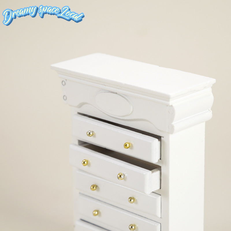 Miniature Dollhouse Furniture Durable Birch Miniature Dollhouse Furniture - 5-Drawer Storage Cabinet with Golden Handles, Retro Bedside Table, White & Golden Accents
