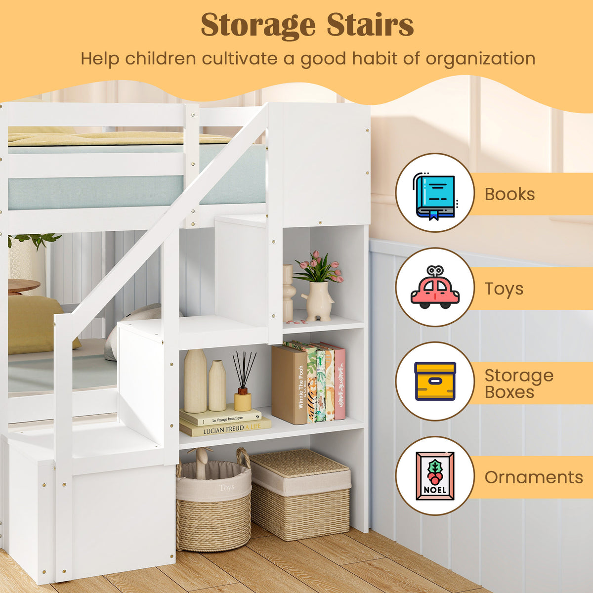 1pc COSTWAY Contemporary Twin Over Twin Low Bunk Bed with Storage Stairs - Solid Hardwood Frame with Particle Board, Full-length Guardrails, Slats Support for Kids, Teens, Adults - No Electricity Needed, White
