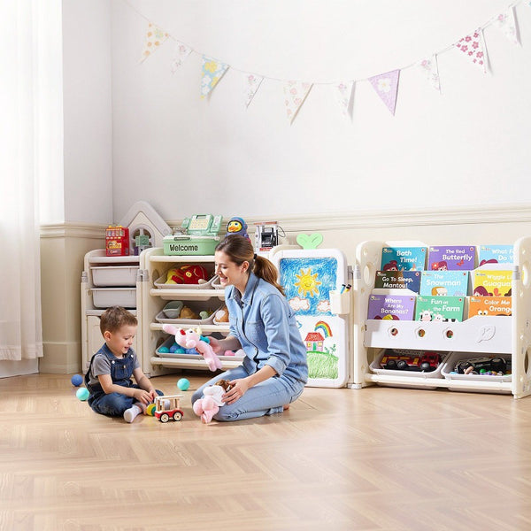 Serve with heart Toy Storage with Bookshelf 4-Tier Large Toy Storage Organizer with 10 Plastic Movable Bins Cubby Cabinet with Bookshelf and Drawing Board for Study Room Playroom Classroom Nursery Focus on quality