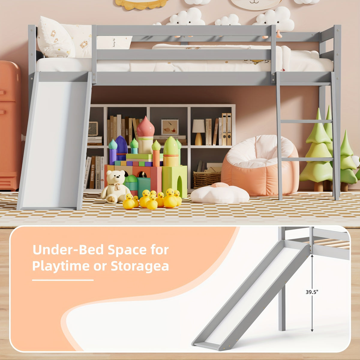 Twin Loft Bed With Slide And Ladder, Solid Pine Wood Bed Frame With Storage Space, Low Height Design, Interchangeable Ladder & Slide, Safety Guardrails