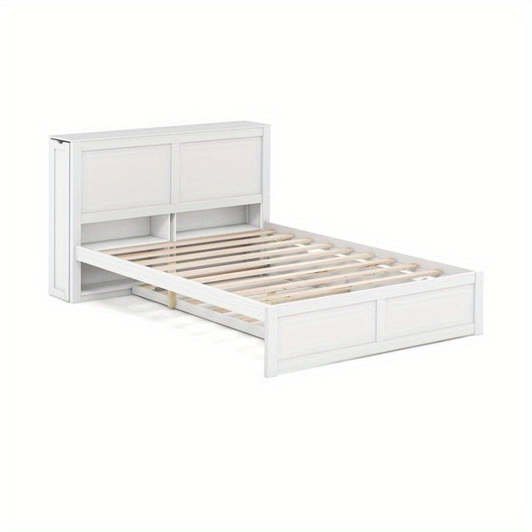 COSTWAY Contemporary Hardwood Bed Frame with Trundle, Wood-Based Panel & Solid Wood, High Headboard & 2 Rolling Bookcases, Storage Platform Bed, with No Box Spring Required for Kids
