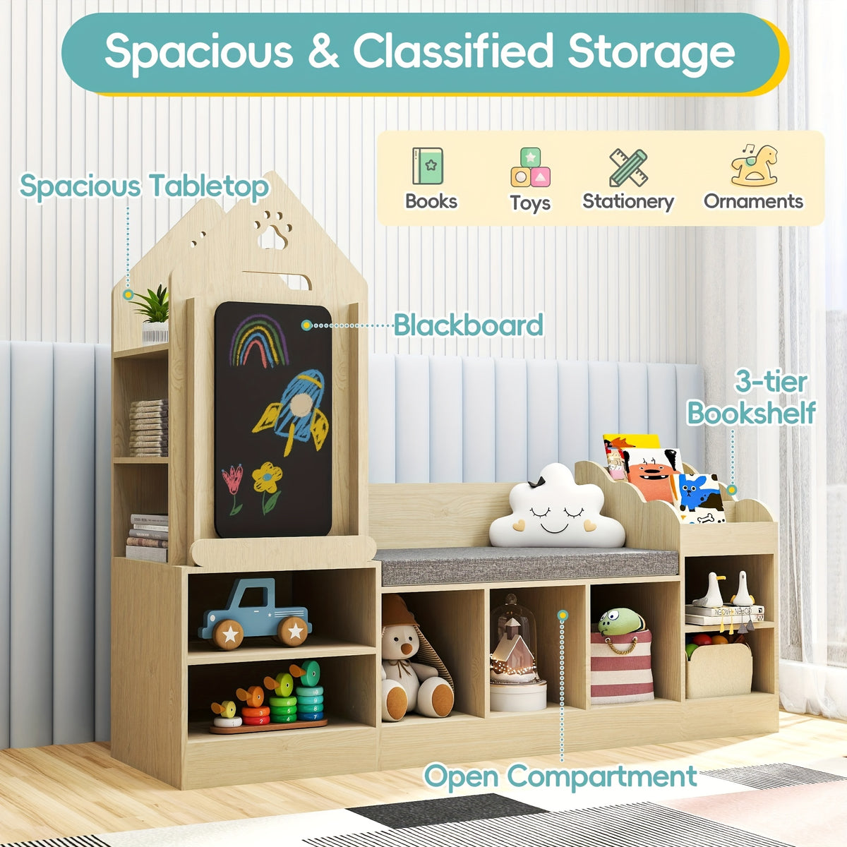 Kids Bookshelf With Cozy Reading Corner, Wooden Toy Organizer With Bench And Chalkboard, Toy Storage For Bedroom, Nursery, Or Playroom, Natural Oak Finish