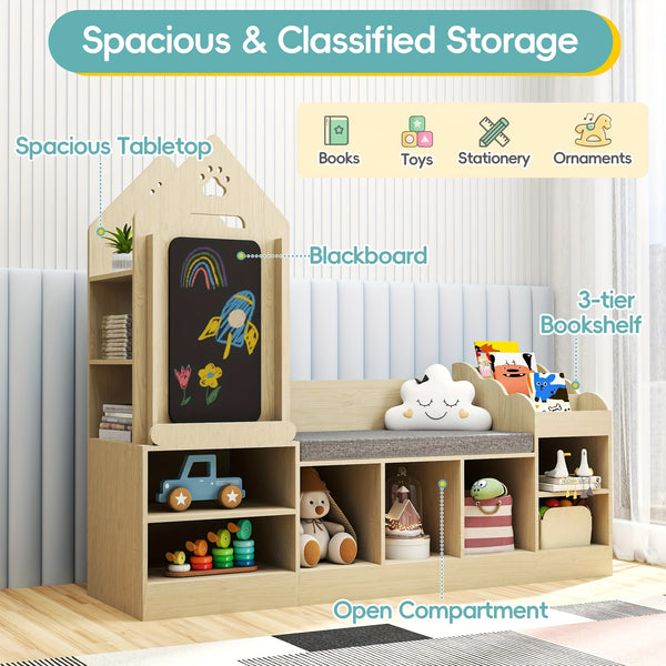 Kids Bookshelf With Cozy Reading Corner, Wooden Toy Organizer With Bench And Chalkboard, Toy Storage For Bedroom, Nursery, Or Playroom, Natural Oak Finish