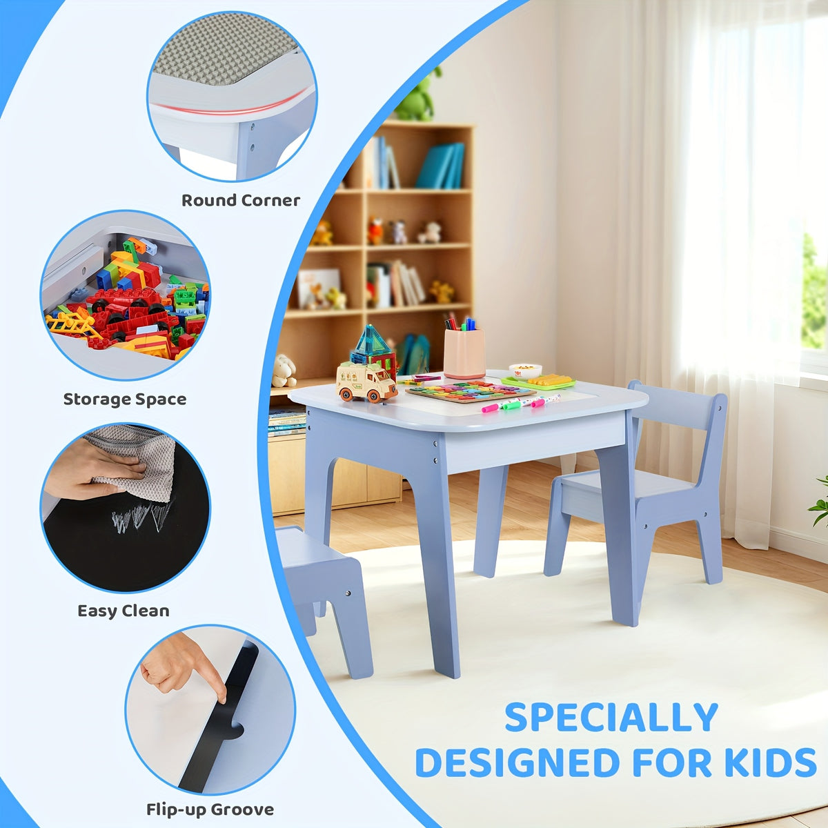 4 In 1 Kids Table And 2 Chairs With Storage Drawers And 2 Removable Tabletops, Activity Table With Blackboard And Whiteboard, Ideal For Easter