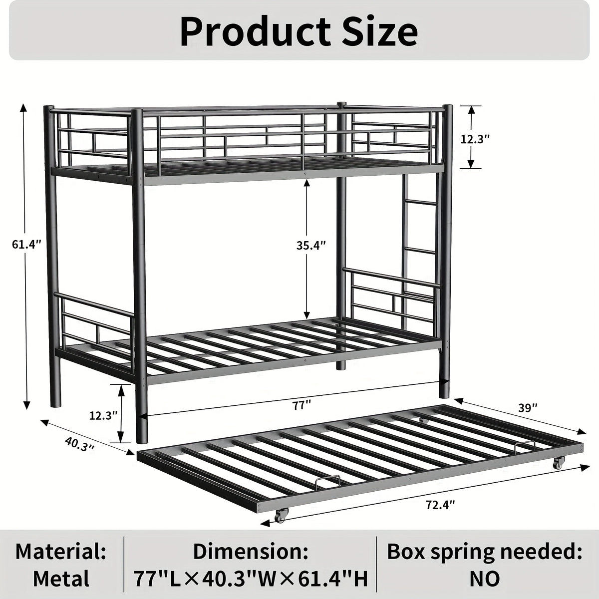 Twin Over Twin Bunk Bed With Trundle, Metal Bunkbeds With Ladder And Full-Length Guardrail, Noise Free, No Box Spring Needed