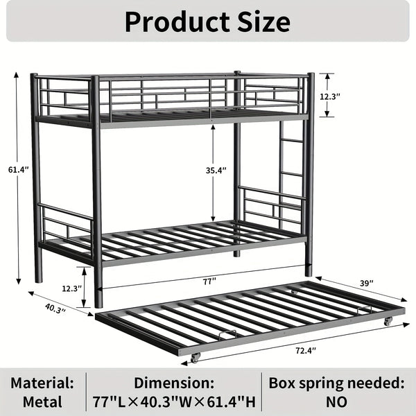 Twin Over Twin Bunk Bed With Trundle, Metal Bunkbeds With Ladder And Full-Length Guardrail, Noise Free, No Box Spring Needed