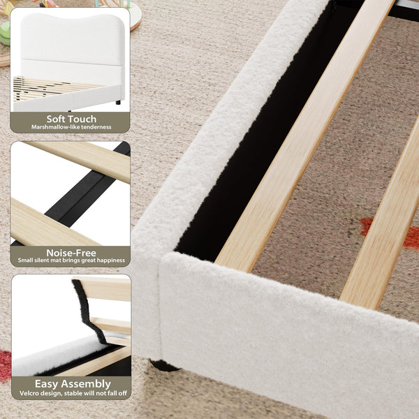 Full Size Bed Frame for Kids with Velvet Upholstered Headboard, Cute Low Profile Platform Bed for Girls and Boys, No Box Spring Needed, Strong Wooden Slats, Noise Free, Easy Assembly, White, Childrens Bed, Kids Bedroom Furniture, Contemporary Design