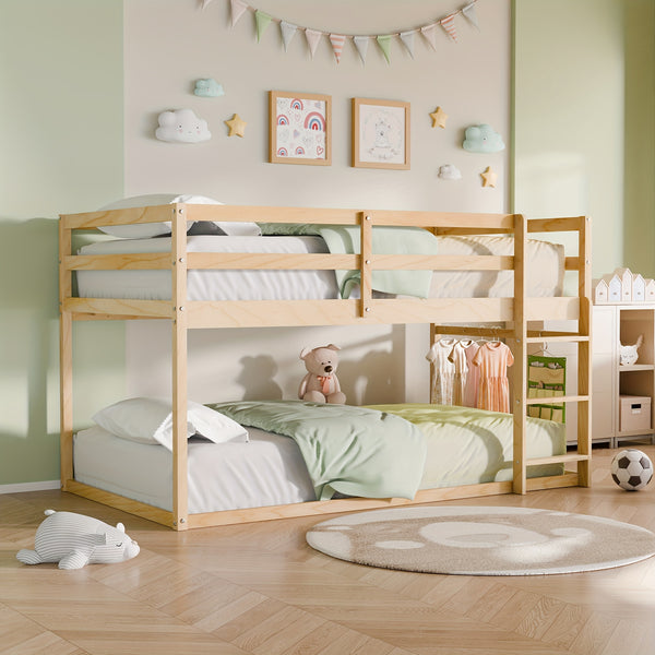Bunk Low Bed, Solid Wood Twin Bunk Bed Frame With Full Guardrails And Integrated Ladder, Floor Bunk Bed For Bedroom