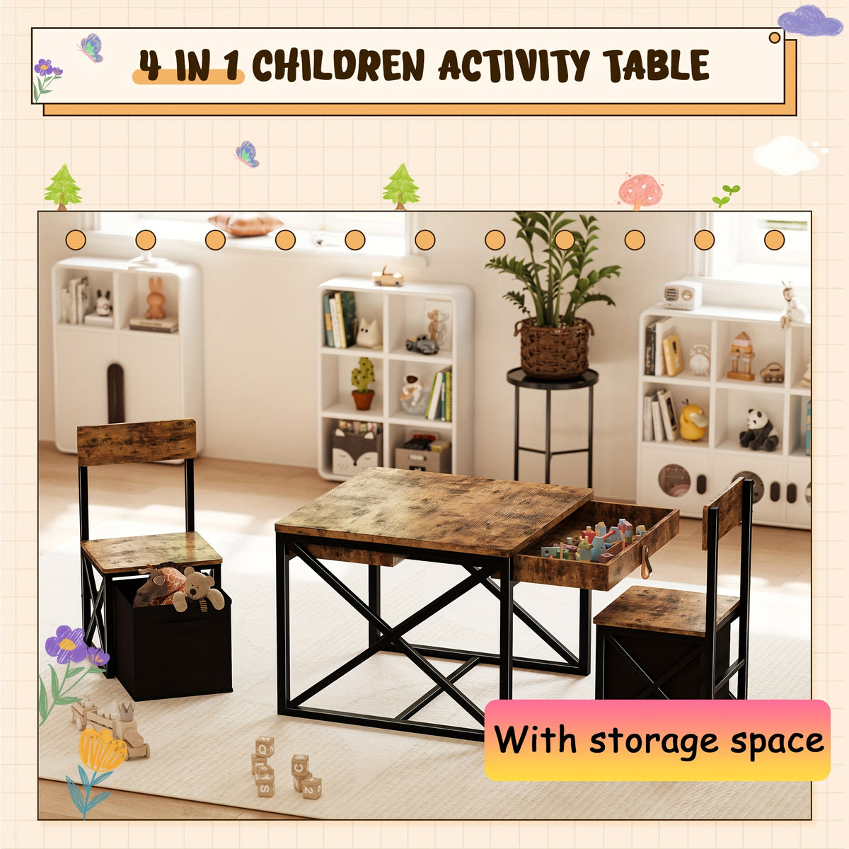 4-in-1 Kids Table and Chairs Set with Storage, Toddler Activity Desk for Crafts, Drawing, Reading - Ideal Furniture for Learning and Play, Youngsters'S Room Furniture|Stylish Dining Set|Secure Folding Chair, Youngsters Room Furniture