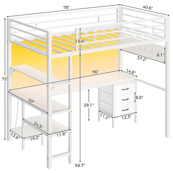 Loft Bed with L-Shaped Desk, Twin Size Bed with LED Lights and Charging Station, Twin Metal Loft Bed Frame with Drawers and Shelve, 13.4\