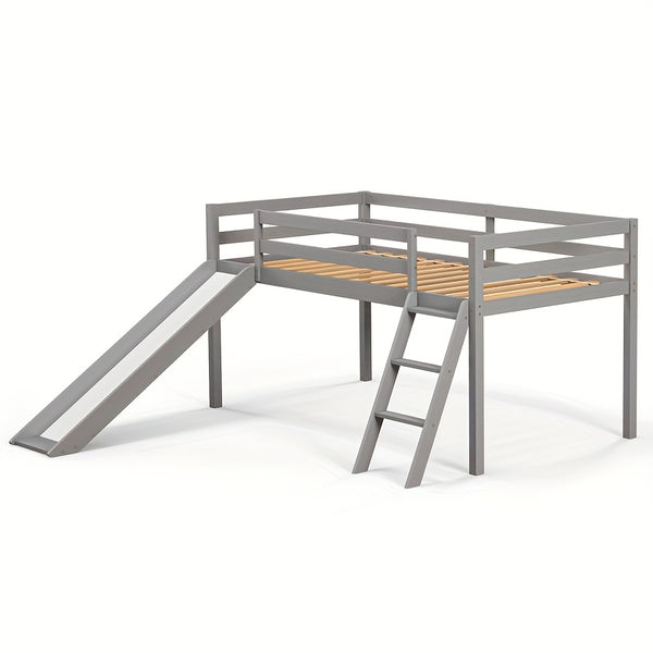 Twin Loft Bed With Slide And Ladder, Solid Pine Wood Bed Frame With Storage Space, Low Height Design, Interchangeable Ladder & Slide, Safety Guardrails