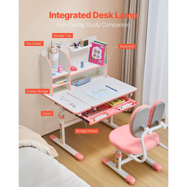 VEVOR Kids Study Chair and Desk Set, Study Desk and Chair for Kids with Bookshelf and Storage Drawer, Adjustable Height Kids Study Desk with Chair, Children Study Table for Bedroom & Study Room, Pink\u002Fblue 20.5-40.34inch\u002F20.5-43.5inch
