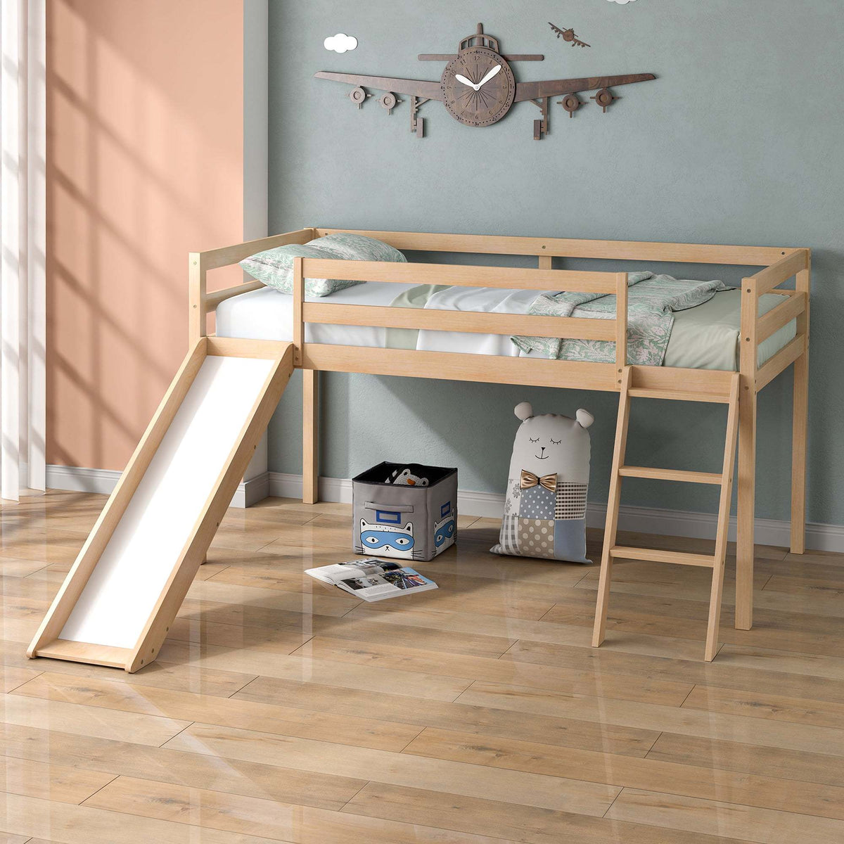 Wooden double-decker loft bed with ladder and storage space, suitable for Youngsters and Youngsters