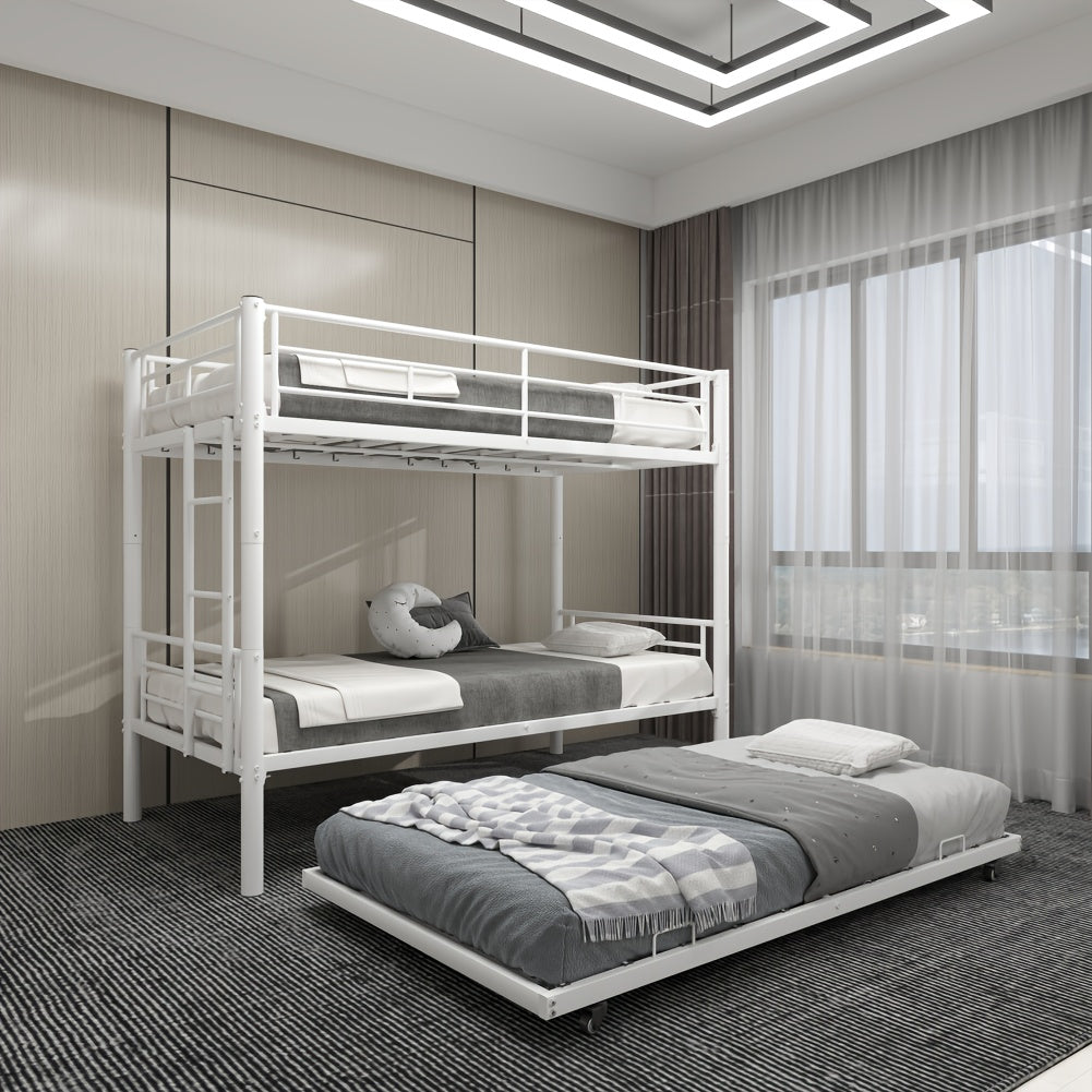Twin Over Twin Bunk Bed With Trundle, Metal Bunkbeds With Ladder And Full-Length Guardrail, Noise Free, No Box Spring Needed