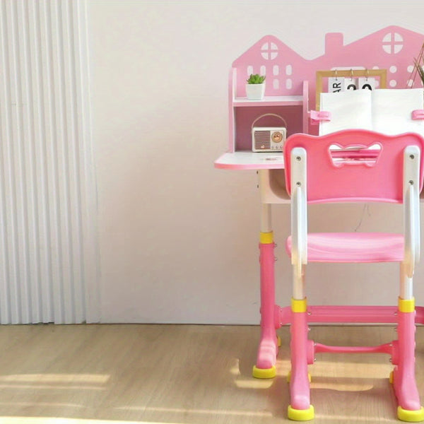 2pcs Set 41.37*28.57*19.11 inch Multi Bookcase Wider Desktop Table and Chair Set Cartoon Pattern Adjustable Height Study Drawer Table with Chair