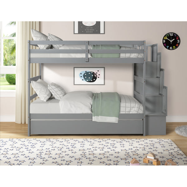 RIDFY Twin over Twin Bunk Bed with Twin Trundle & Stairway Storage - Space-Saving Hardwood Frame, Retro Style, Easy Assembly, Grey - Ideal for Youngsters' Rooms, Guest Bedrooms, Dorms