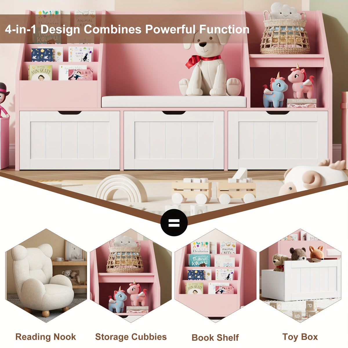 55.1'' White Bookshelf, Bookshelf With Reading Corner, Storage Cabinet With Seat Cushion And 3 Movable Drawers, Storage Bins And Storage Cabinet With Bench For Playroom, Living Room