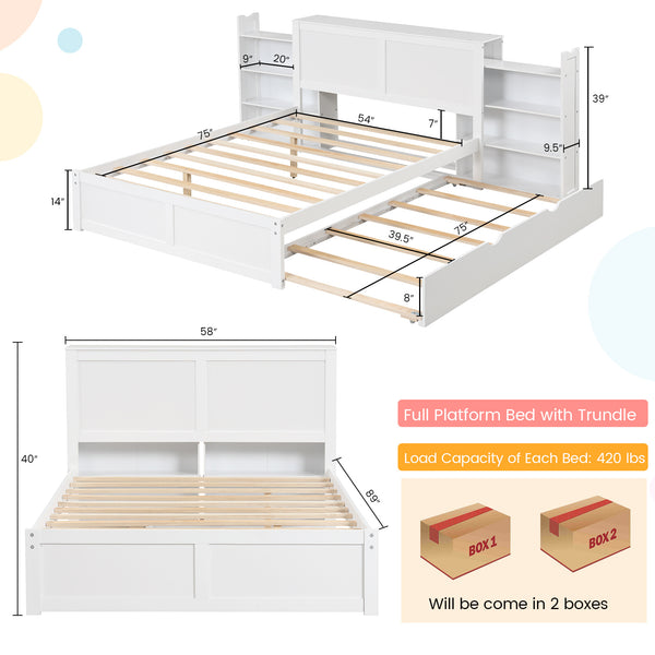 COSTWAY Contemporary Hardwood Bed Frame with Trundle, Wood-Based Panel & Solid Wood, High Headboard & 2 Rolling Bookcases, Storage Platform Bed, with No Box Spring Required for Kids
