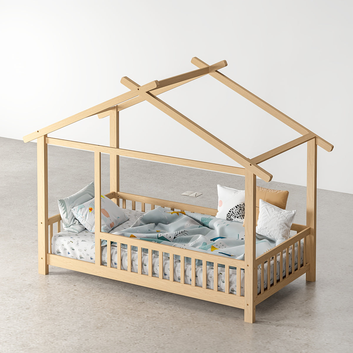 SOGES Wood Montessori House Bed Frame – Low Floor Bed With Fence & Guardrails, Bed Frame With House Roof Canopy, Decoratable Playhouse Bed, No Box Spring Needed
