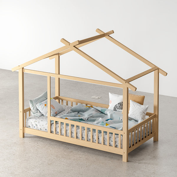 SOGES Wood Montessori House Bed Frame – Low Floor Bed With Fence & Guardrails, Bed Frame With House Roof Canopy, Decoratable Playhouse Bed, No Box Spring Needed