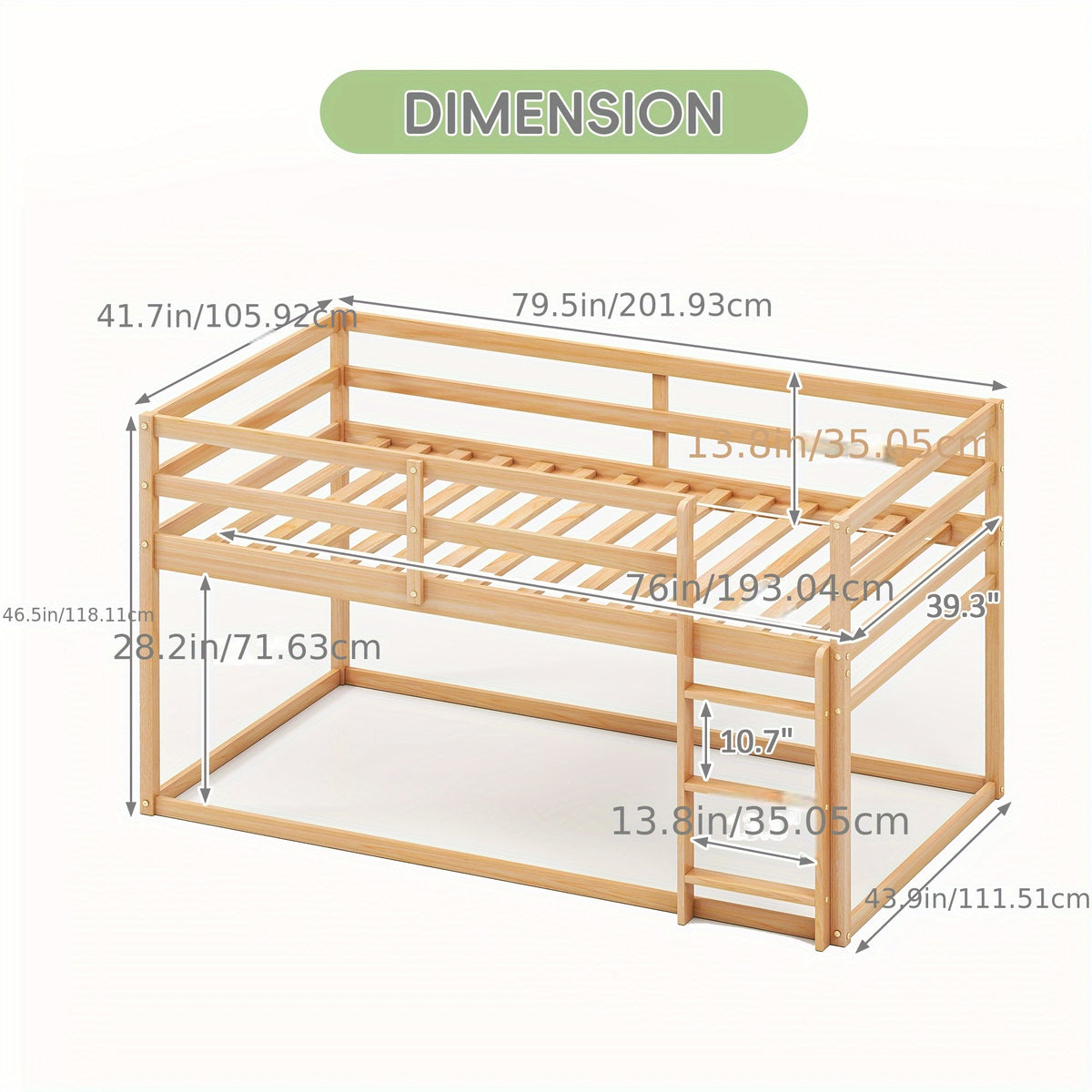 Bunk Low Bed, Solid Wood Twin Bunk Bed Frame With Full Guardrails And Integrated Ladder, Floor Bunk Bed For Bedroom