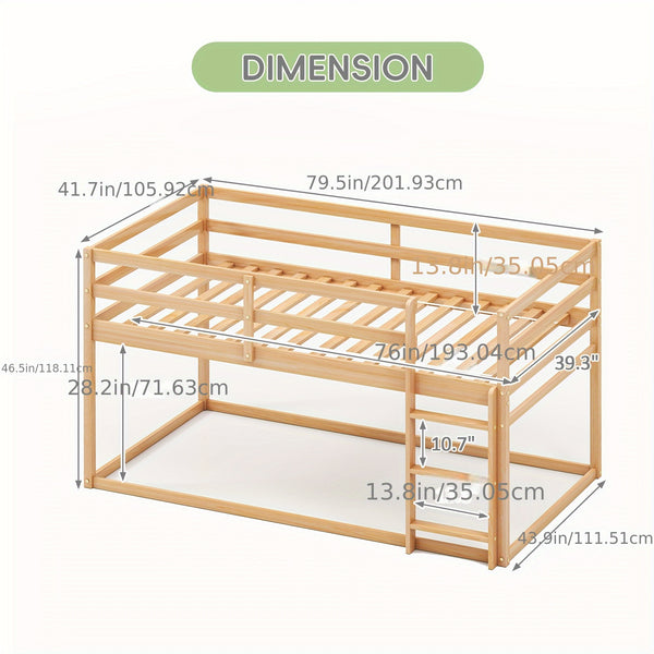Bunk Low Bed, Solid Wood Twin Bunk Bed Frame With Full Guardrails And Integrated Ladder, Floor Bunk Bed For Bedroom