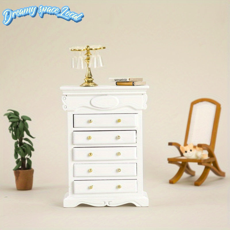 Miniature Dollhouse Furniture Durable Birch Miniature Dollhouse Furniture - 5-Drawer Storage Cabinet with Golden Handles, Retro Bedside Table, White & Golden Accents