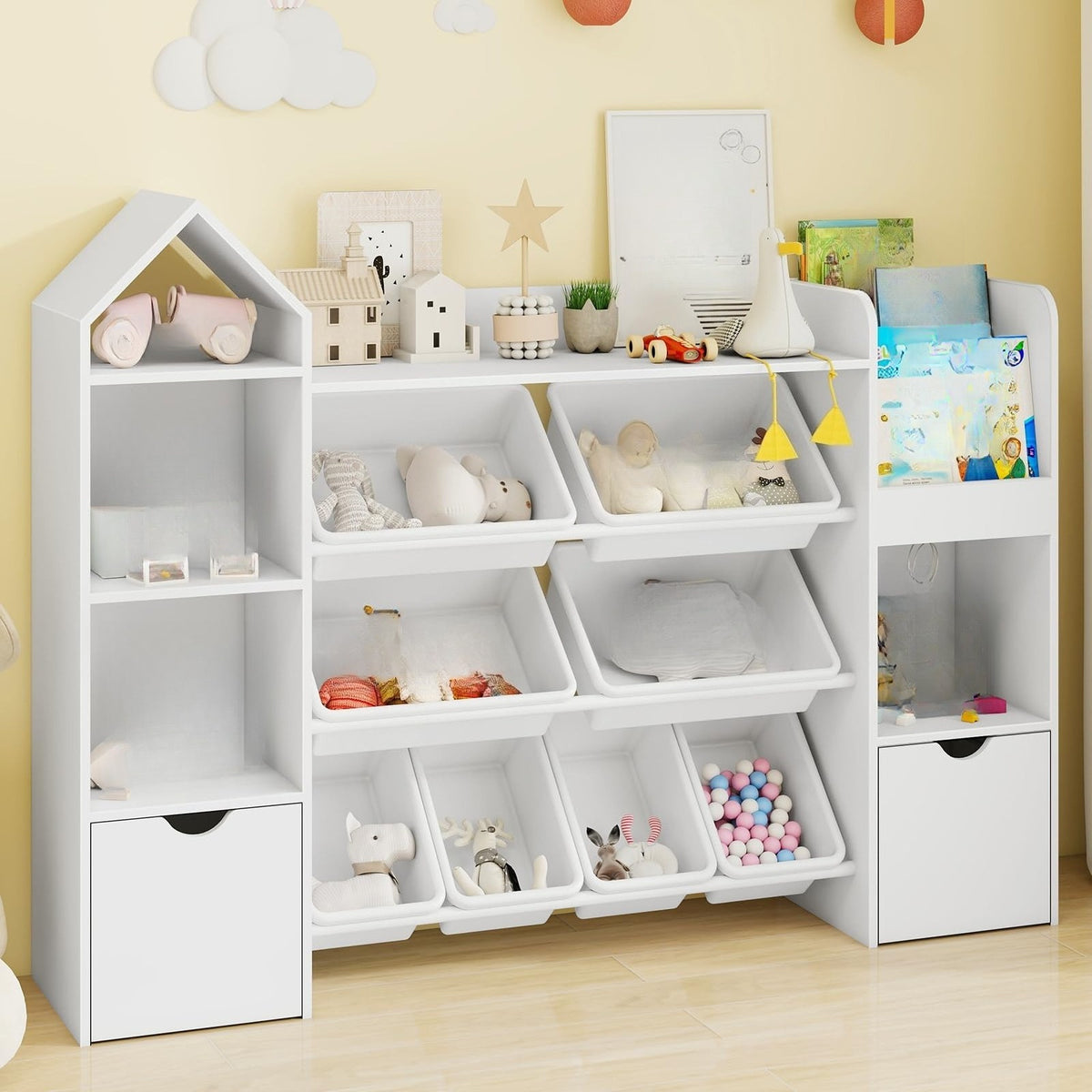 8-Bin Storage Organizer 8 Removable Bins, 4-Tier Shelf with 4 Cubbies Multifunctional Storage Organizer | Bookshelf and 2 Storage Boxes on Wheels, for Living Room, Office, Entryway, White