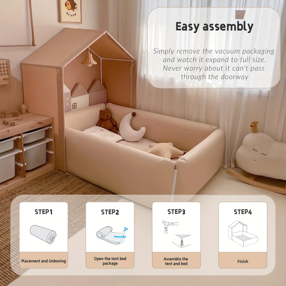 Portable Play Tent Bed with Detachable Canopy & Cushioned - Soft White Bed &, Indoor\u002FOutdoor Use, Sponge Guardrails - Bed Frame, Playhouse & Room