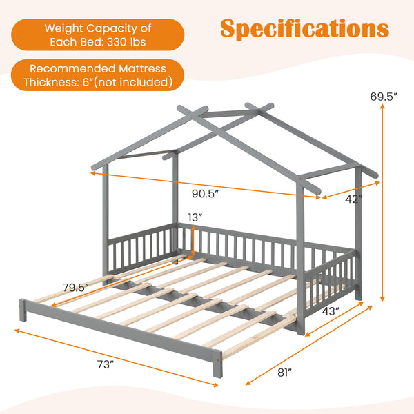 COSTWAY Adjustable Kids Bed Frame, Classic Style Wooden Daybed with Roof and Side Rails, Extendable from Twin to King Size, Hardwood and Wood-Based Panel Construction, with No Box Spring Required for Children 6-12 Years Old
