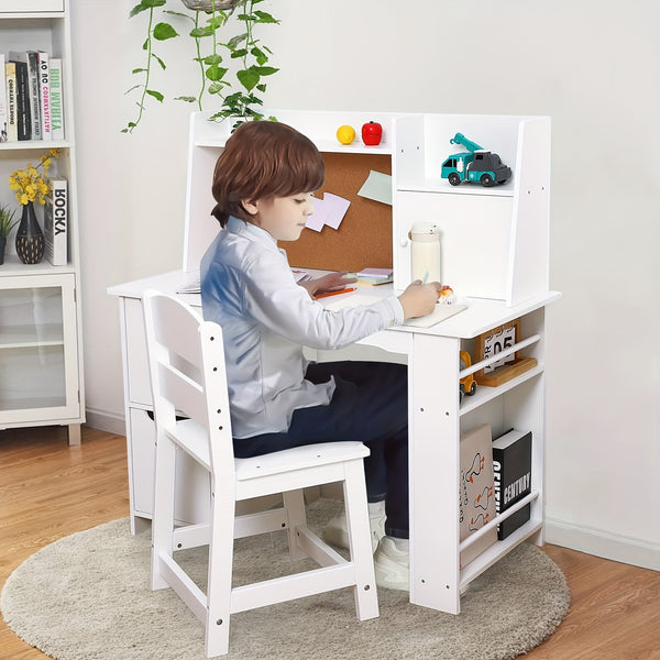 Kids Study Desk and Chair Set with Storage - White Learning Table with Bookshelf, Cabinets & Adjustable Chair, Non-Toxic Durable Kids Furniture for Boys & Girls, Easy Assembly, Compact Desk for, Classroom, Playroom