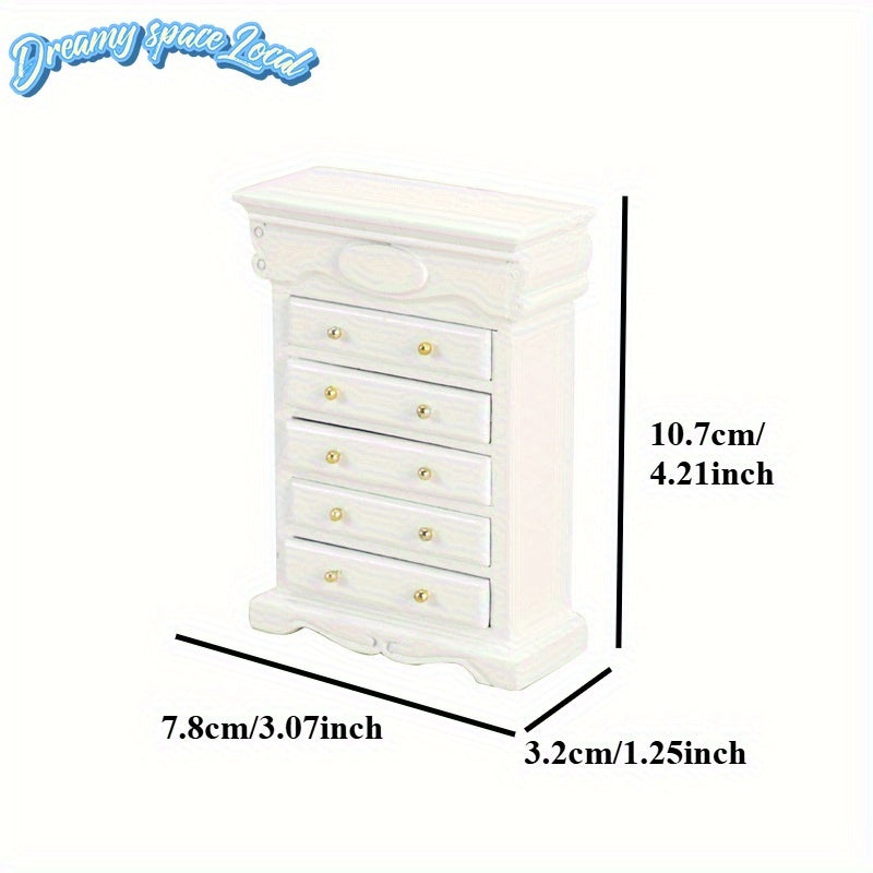 Miniature Dollhouse Furniture Durable Birch Miniature Dollhouse Furniture - 5-Drawer Storage Cabinet with Golden Handles, Retro Bedside Table, White & Golden Accents