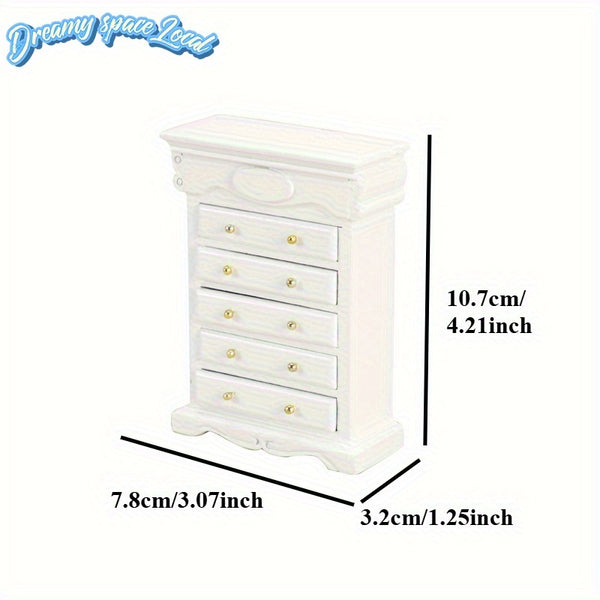 Miniature Dollhouse Furniture Durable Birch Miniature Dollhouse Furniture - 5-Drawer Storage Cabinet with Golden Handles, Retro Bedside Table, White & Golden Accents