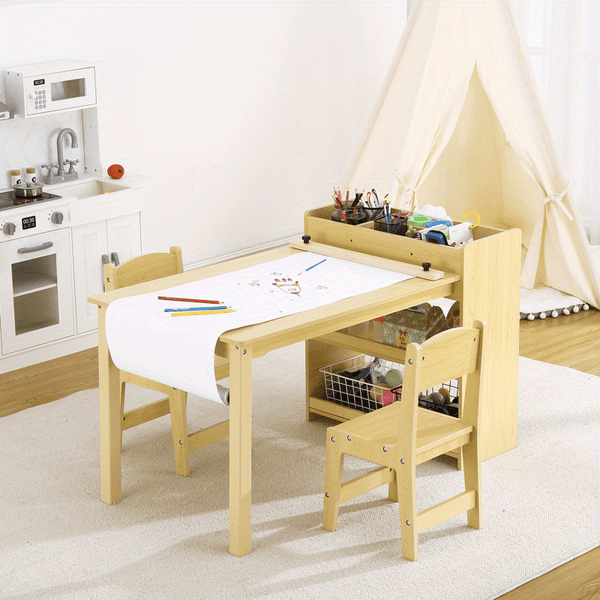Kids Art Table With 2 Chairs, Toddler Craft Play Wood Activity Desk With Large Storage Shelves, Wood Activity Desk for Writing Drawing Suitable for Nursery & Classroom