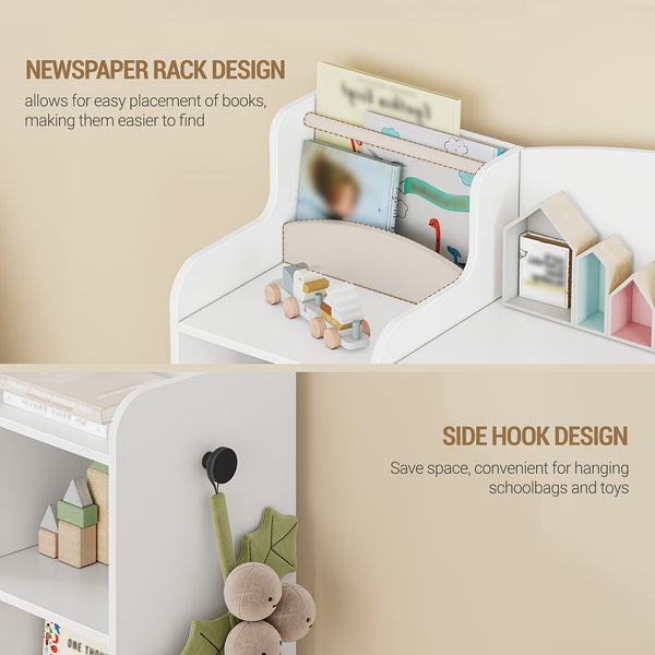 Kids Bookshelf, Toy Storage Organizer, Toy Shelf with 8 Storage Bins, 4-Tier Toddler Bookshelf for Children's Room, Bedroom, Playroom, Living Room, Study Room, Nursery White