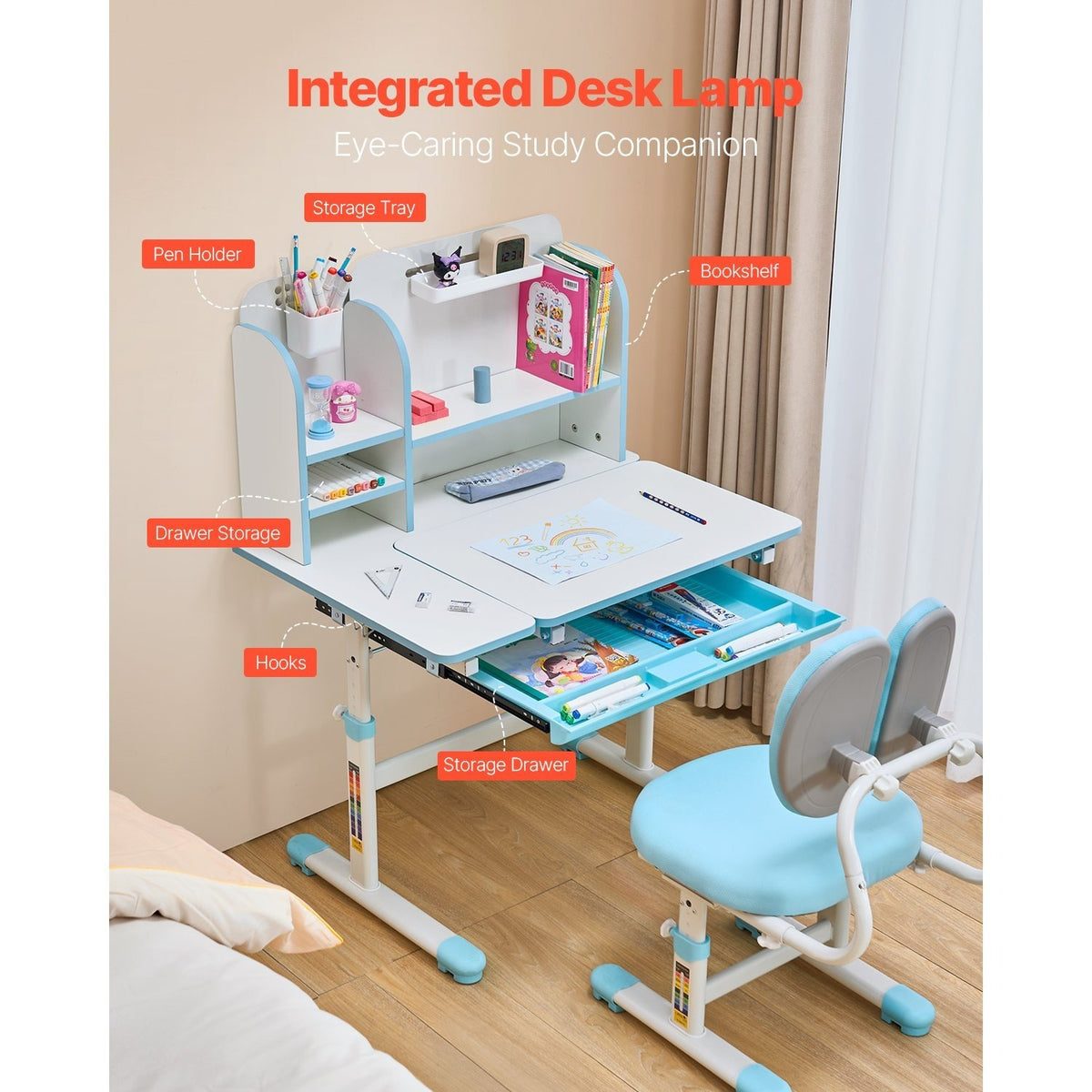 VEVOR Kids Study Chair and Desk Set, Study Desk and Chair for Kids with Bookshelf and Storage Drawer, Adjustable Height Kids Study Desk with Chair, Children Study Table for Bedroom & Study Room, Pink\u002Fblue 20.5-40.34inch\u002F20.5-43.5inch