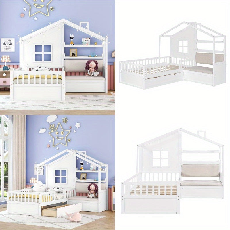Twin Size House Bed with Sofa Platform Bed with Two Storage Drawers & Built-In Shelf - White Contemporary 'ouse-Shaped Bed Frame with Sturdy MDF\u002FPlywood Construction, Space-Saving Design for Small Rooms, Easy Assembly, 250lb Weight Capacity - Ideal