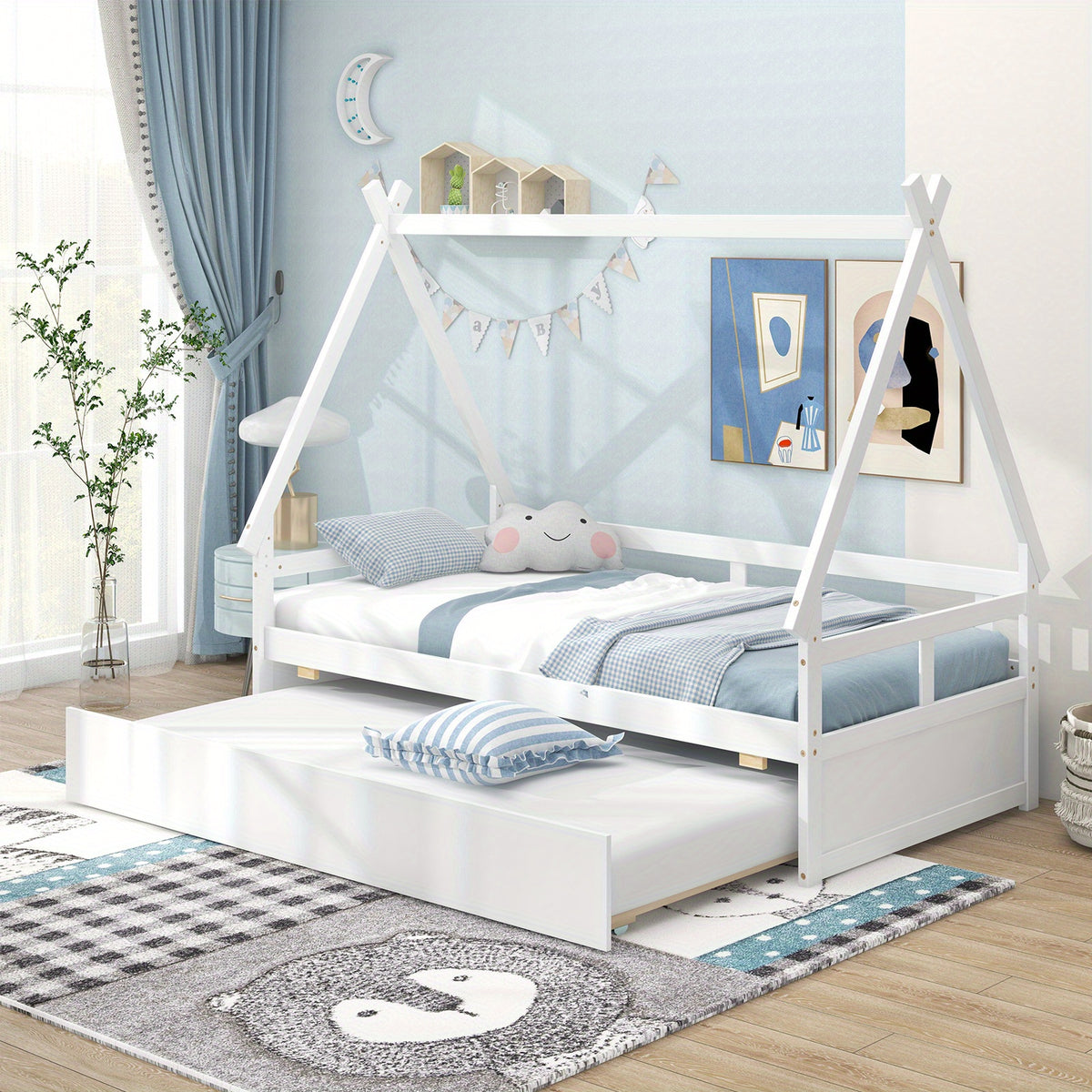 Charming Twin House Bed with Trundle - Sturdy Wooden Frame, Safety Guardrail & Roof - Perfect for Youngsters' Room Decor, No Box Spring Needed, Grey\u002FWhite