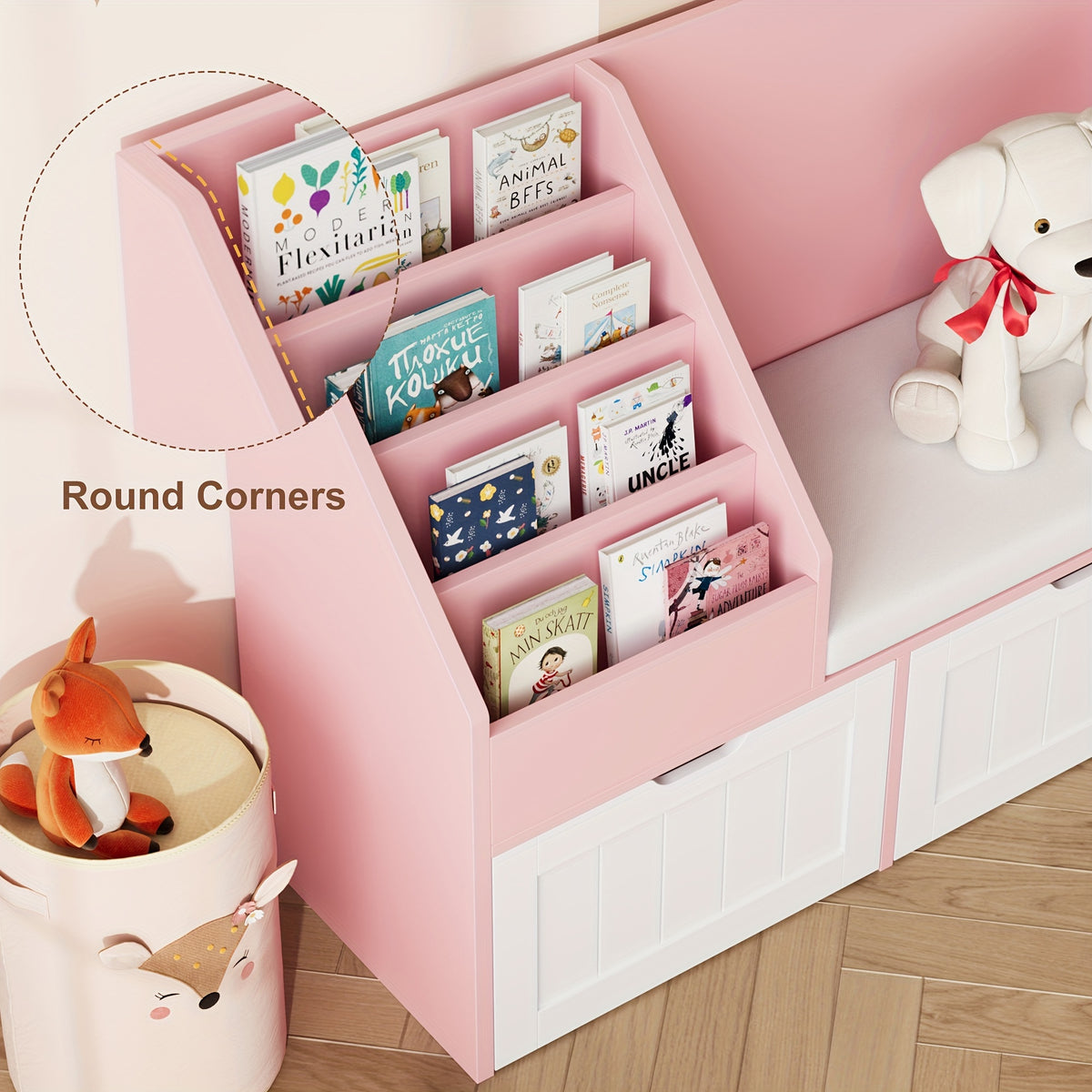 55.1'' White Bookshelf, Bookshelf With Reading Corner, Storage Cabinet With Seat Cushion And 3 Movable Drawers, Storage Bins And Storage Cabinet With Bench For Playroom, Living Room