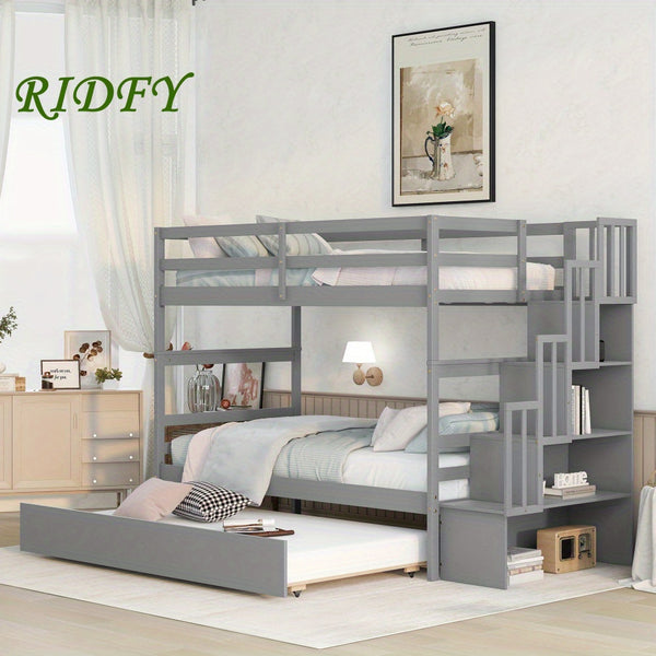 RIDFY Twin over Twin Bunk Bed with Twin Trundle & Stairway Storage - Space-Saving Hardwood Frame, Retro Style, Easy Assembly, Grey - Ideal for Youngsters' Rooms, Guest Bedrooms, Dorms