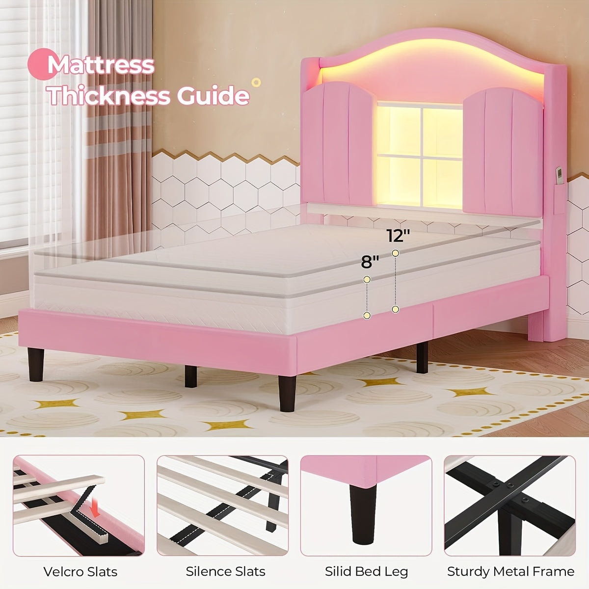 Upholstered Princess Twin Bed with LED Lights & Power Outlts, Storage Headboard Platform Bed