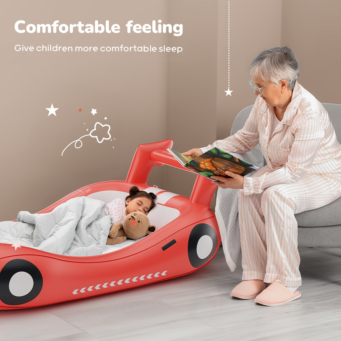 Inflatable Kids Bed with Sides - Race Car Design Portable Travel Bed with Hand Pump, Durable Plastic Construction & Safety Rails, Indoor\u002FOutdoor Air Mattress for Camping, Hotels, Home Use - No Assembly Required, Lightweight & Easy Setup